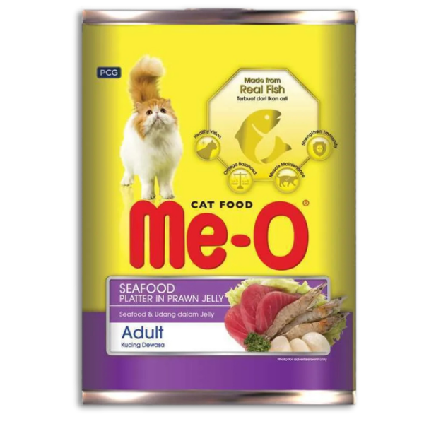 155 ME-O CANNED ADULT CAT FOOD SEAFOOD PLATTER IN PRAWN JELLY
